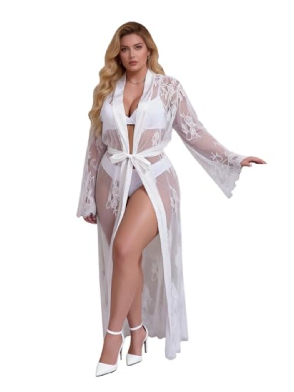 Long Lace Kimono Robe Sheer Mesh Satin Trim Lingerie Nightgown